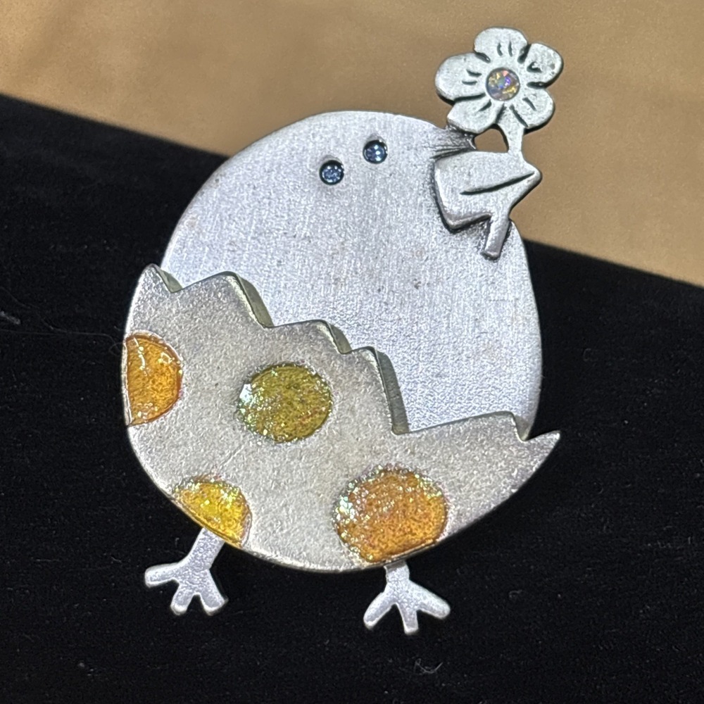 Vintage AJMC Hatching Chick Brooch Silver Tone Glitter Enamel AB Rhinestone